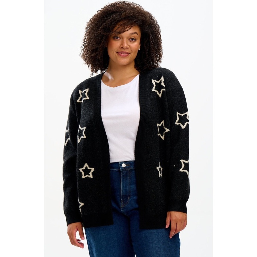 Sugarhill Brighton Black‎ Star Knit Cardigan Sweater Women's 10 M/L Fuzzy Warm